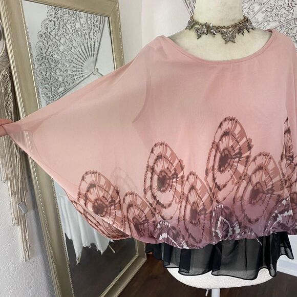 Milano Pink Black Tie Dye Swirl Whimsygoth Bat Sleeve Shawl Top Blouse L - Picture 3 of 6